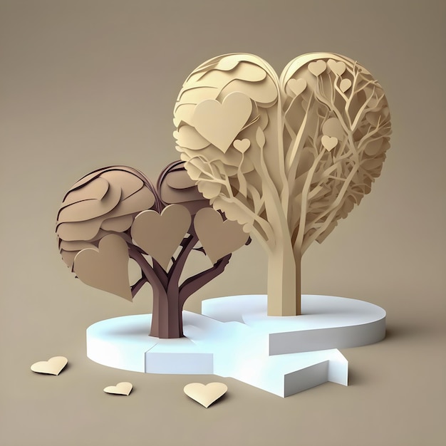 Cérebro de papel e ilustração do minimalismo da árvore do coração