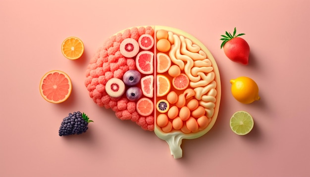 Cérebro de pessoa na forma de frutas cítricas em um fundo rosa visão superior generativa ai