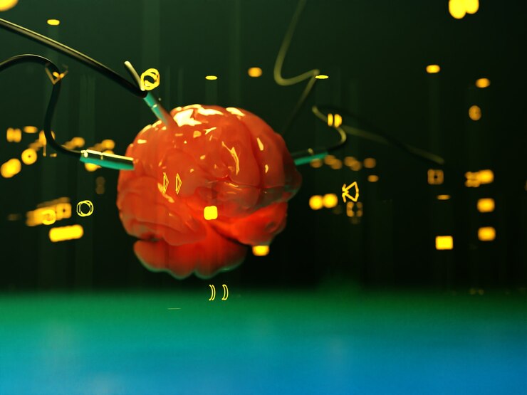 Foto cerebro con diferentes dachiks conectados transmitiendo