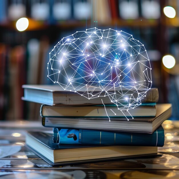 Foto el cerebro digital de aprendizaje innovador supera la pila de libros de texto médicos que simbolizan el aprendizaje automático