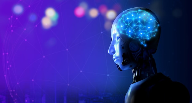 El cerebro digital brilla en la cabeza del robot humanoide en la red azul y el fondo azul de la ciudad con espacio de copia Tecnología de servicio de automatización de IA de inteligencia artificial con conceptos de aprendizaje profundo de máquinas