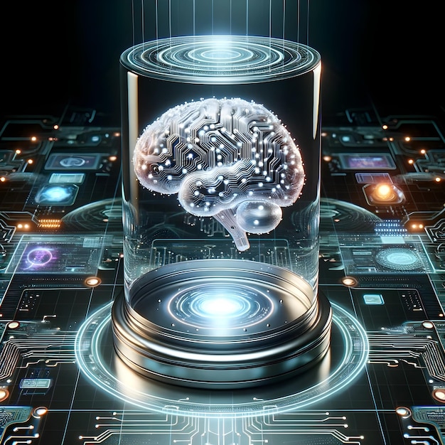 Cérebro digital de circuito neural futurista preservado em recipiente de vidro