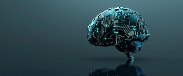 Cerebro digital futurista en una superficie reflectante