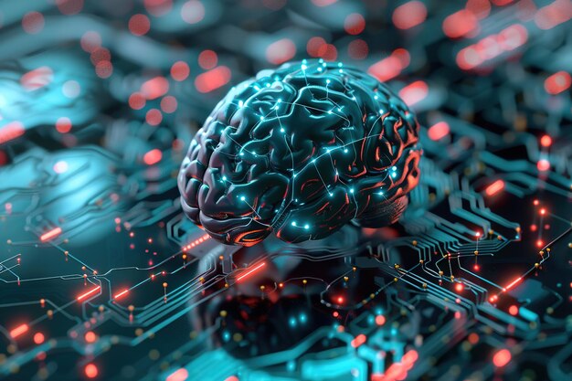 Un cerebro digital se ilumina con circuitos que transmiten tecnología avanzada e inteligencia