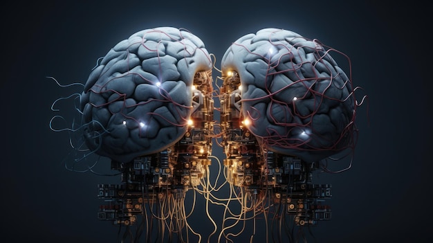 Cérebro dividido em metade componentes do computador do cérebro biológico IA generativa