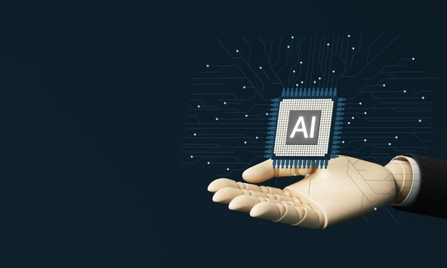 cerebro electrónico en forma de cubo con símbolo de giro ai hombre de negocios con la mano colgada símbolo de redes neuronales de computadora o inteligencia artificial en el ciberespacio de neón con título brillante renderización 3d