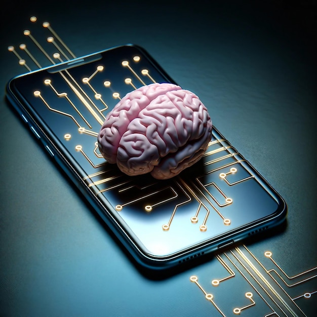 Cérebro em Smartphone com Circuitos Dourados Tinta Azul