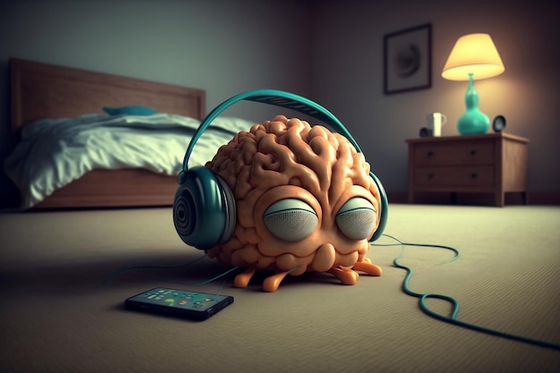 Cerebro escuchando música El cerebro recibe conocimiento Cerebro con auriculares Día del conocimiento