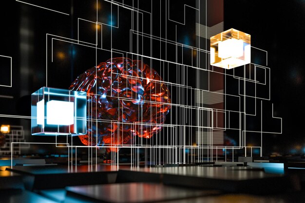 Cerebro y espacio cúbico oscuro fondo 3d renderizado