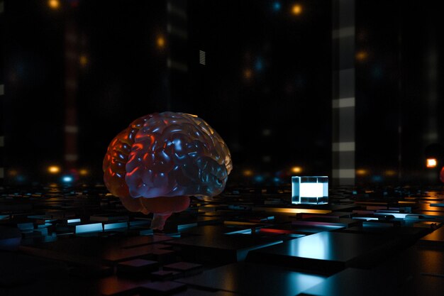 Cerebro y espacio cúbico oscuro fondo 3d renderizado