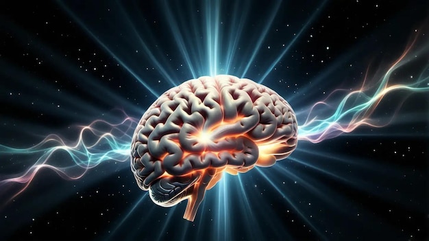 Cérebro etéreo flutuando no espaço com caminhos neurais iluminados