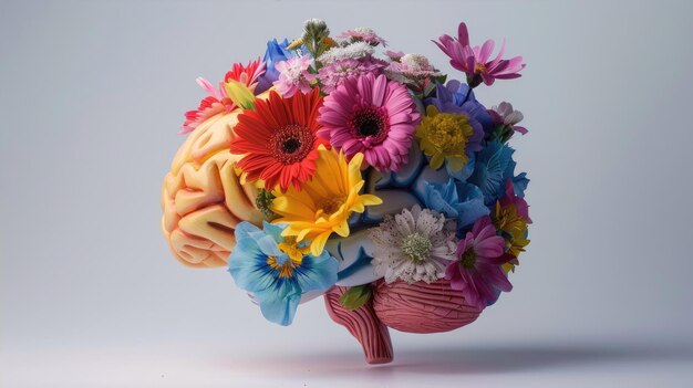 Cerebro con flores Concepto de pensamiento positivo y calma psicológica