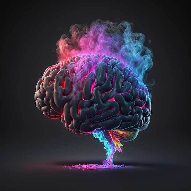 cerebro flotante, neón rgb, fondo de humo