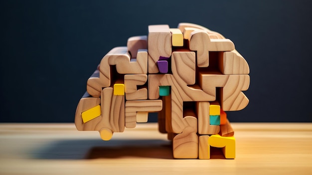 Un cerebro en forma de bloque de rompecabezas de madera IA generativa el aspecto lógico del cerebro