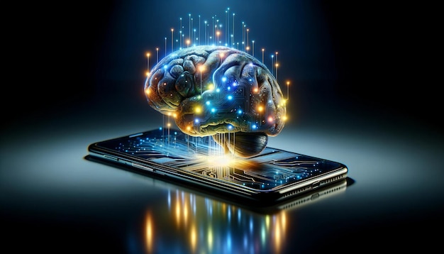 El cerebro futurista emerge del teléfono inteligente en la superficie oscura