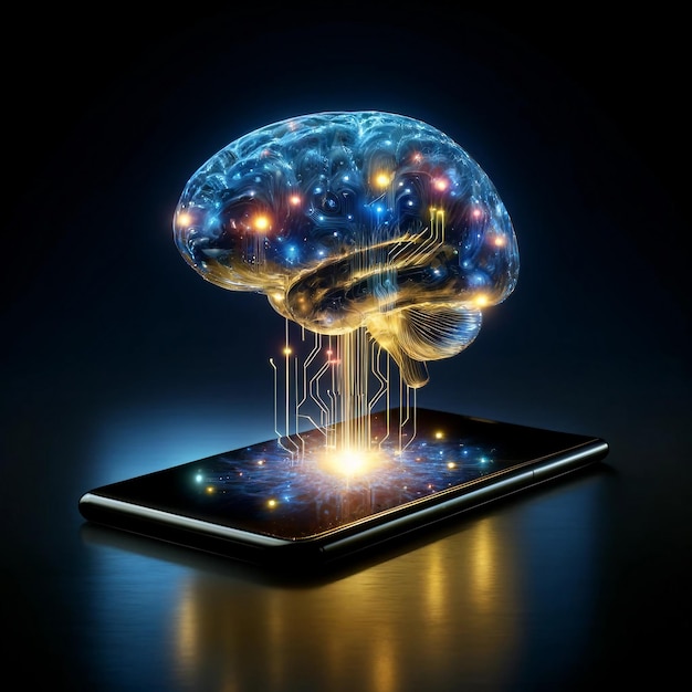 Foto el cerebro futurista emerge del teléfono inteligente en la superficie oscura