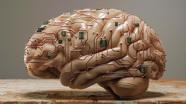 un cerebro hecho de componentes electrónicos se muestra en una mesa