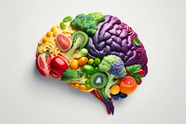 Cerebro hecho de frutas y verduras aisladas sobre fondo blanco IA generativa