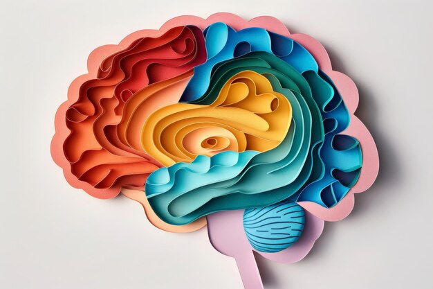 Cerebro hecho de papel colorido que representa procesos mentales y cognición creativa
