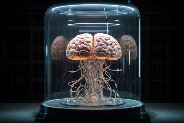 Cerebro humano clonado bajo un frasco de vidrio en una habitación oscura El cerebro humano en el laboratorio para crear inteligencia artificial