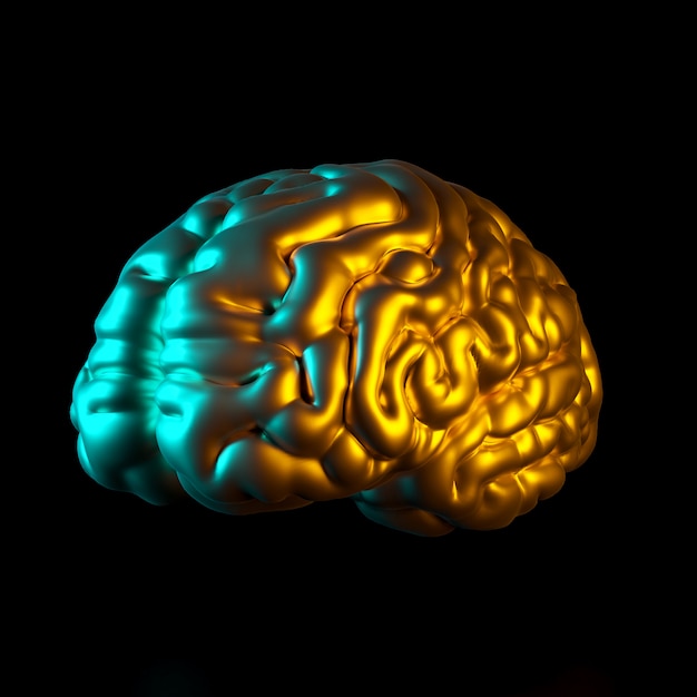 Cerebro humano color oro, imagen renderizada 3d