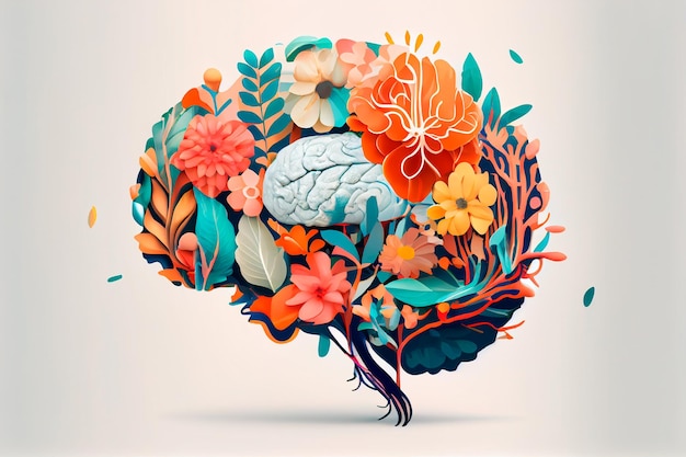 Cerebro humano con colores autocuidado y salud mental concepto pensamiento positivo mente creativa generativa ai