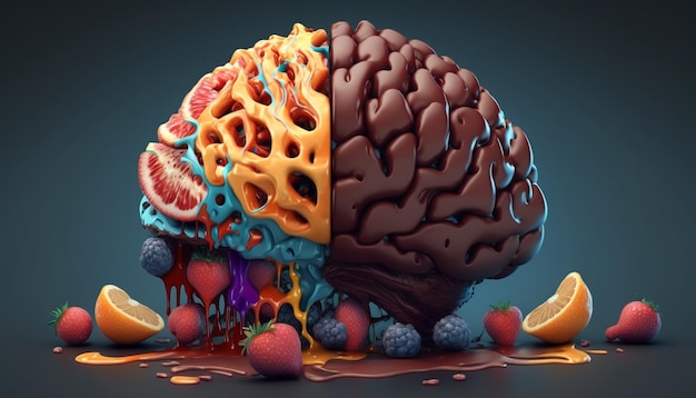 Cérebro humano colorido composto de frutas e chocolate Yummy Brain Generative AI