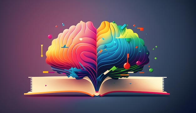 Cerebro humano colorido con libro salud mental concepto ilustración generativa ai