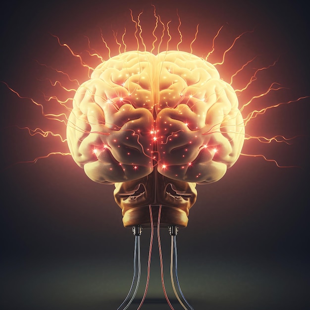 Cérebro humano com circuito elétrico em fundo escuro Renderização 3D