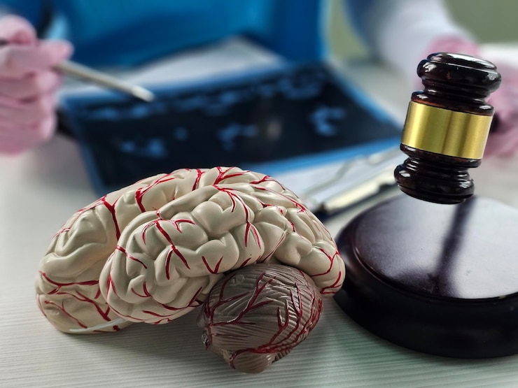 Foto cérebro humano com corte de madeira e doenças cerebrais inteligência artificial e transplante em close-up