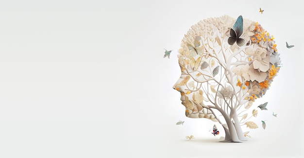 Cérebro humano com flores e borboletas, autocuidado e conceito de saúde mental, pensamento positivo