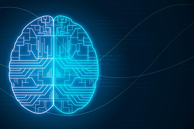 Cérebro humano com ilustração criativa de microcircuito em fundo escuro Inteligência artificial e renderização em 3D do conceito de aprendizado de máquina