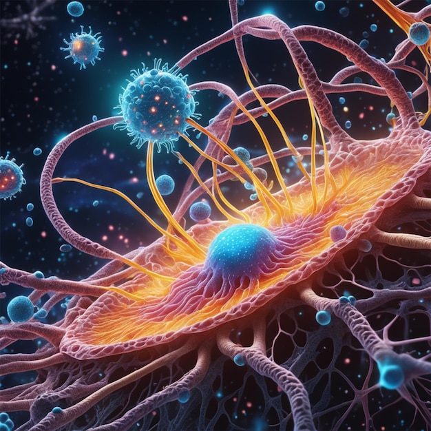 El cerebro humano como una red de neuronas parpadeando rayos láser mostrados como estrellas y galaxias bacterias virus