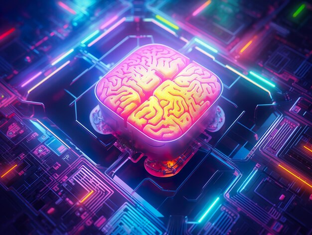 Cérebro humano como um microchip de computador baseado em IA generativo de microchip de computador