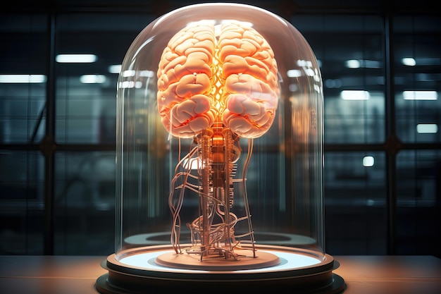 Cerebro humano cultivado artificialmente en un frasco de vidrio Cables y sistema de soporte vital Inteligencia artificial en el laboratorio