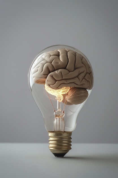 Cerebro humano dentro de una bombilla sobre un fondo gris