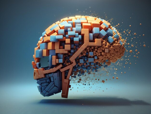 Cerebro humano en disolución en forma de cubo, una exploración artística surrealista en 3D