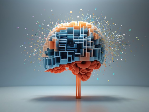 Cerebro humano en disolución en forma de cubo, una exploración artística surrealista en 3D