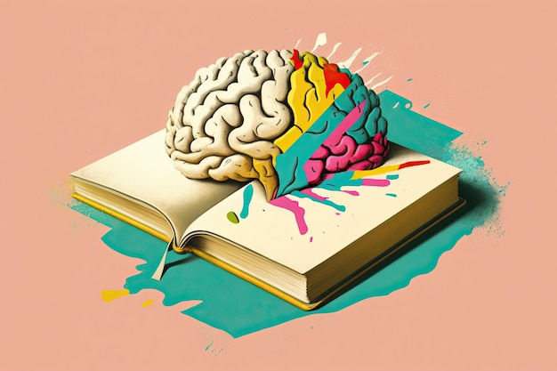 Cérebro humano em um fundo de livro e cor conceito abstrato mínimo de leitura de inteligência de cultura escolar ou educação carregador para ideia cerebral generative ai