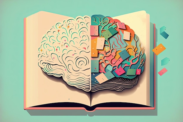 Cérebro humano em um fundo de livro e cor Conceito abstrato mínimo de leitura de inteligência de cultura escolar ou educação Carregador para ideia cerebral Generative AI