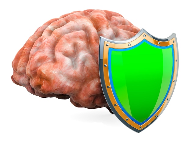 Cerebro humano con escudo concepto de protección cerebral renderización en 3D