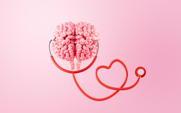 Cerebro humano y estetoscopio Día Mundial del Cerebro El concepto de salud cerebral y tratamiento Rendering 3D