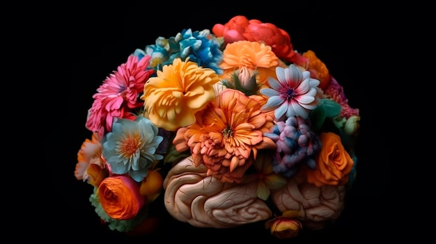 Cerebro humano con flores autocuidado y concepto de salud mental actitud positiva mente creativa IA generativa