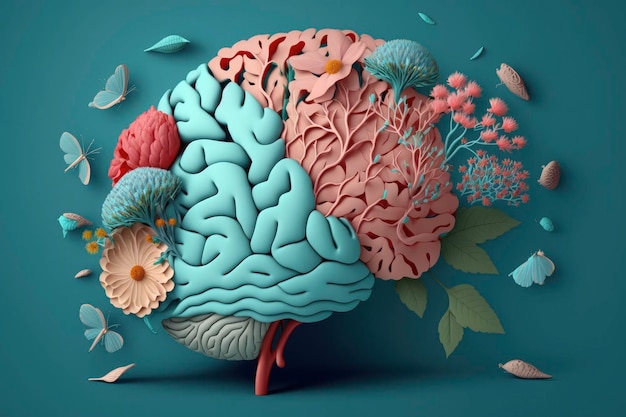 Cerebro humano con flores autocuidado y salud mental concepto pensamiento positivo mente creativa