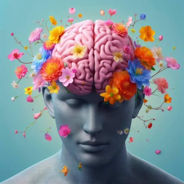 Cerebro humano con flores de colores de primavera Concepto de salud mental ai generativo