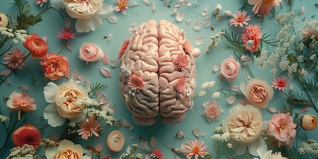 Cerebro humano con flores de primavera cuidado personal y concepto de salud mental pensamiento positivo mente creativa