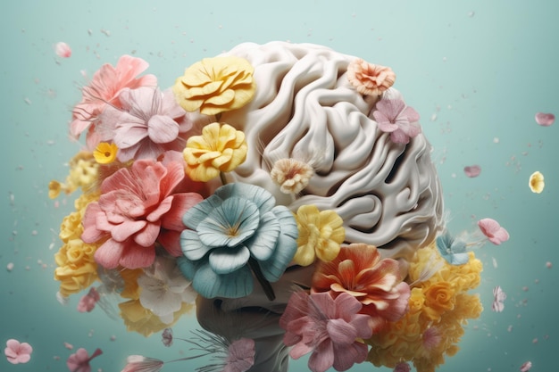 Cerebro humano con flores de primavera Generar Ai