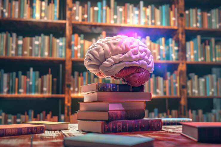 Un cerebro humano flota sobre una pila de libros en una biblioteca Generative Ai