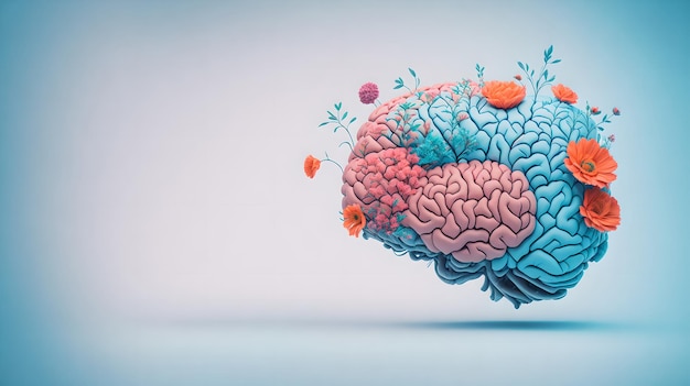 Cerebro humano con fondo de autocuidado de concepto de salud mental de flores