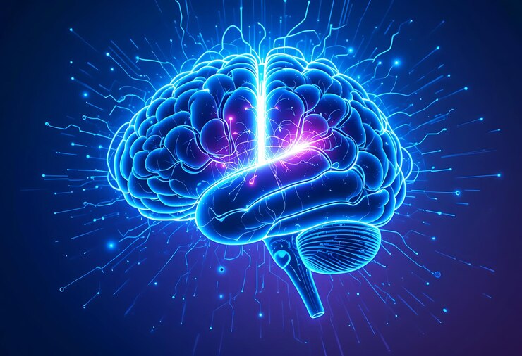 El cerebro humano en un fondo de red neuronal roja y azul
